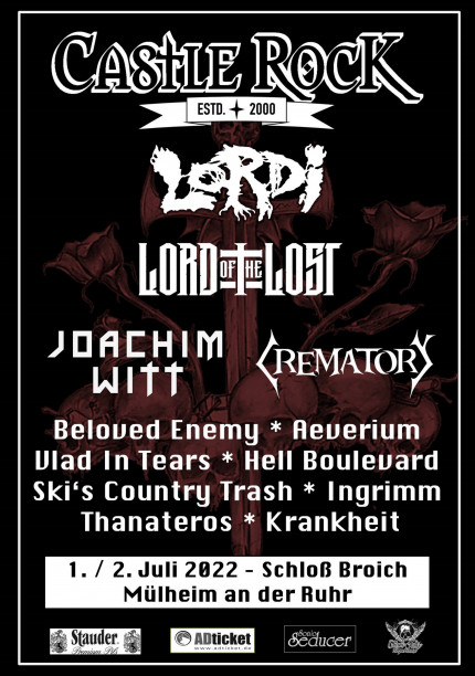 Der Flyer bewirbt das CASTLE ROCK FESTIVAL 2022, es sind alle teilnehmenden Bands namentlich genannt sowie das Veranstaltungsdatum 1. und 2. Juli 2022. - Kulturbüro Michael Bohnes Der Flyer bewirbt das CASTLE ROCK FESTIVAL 2022, es sind alle teilnehmenden Bands namentlich genannt sowie das Veranstaltungsdatum 1. und 2. Juli 2022. - Kulturbüro Michael Bohnes